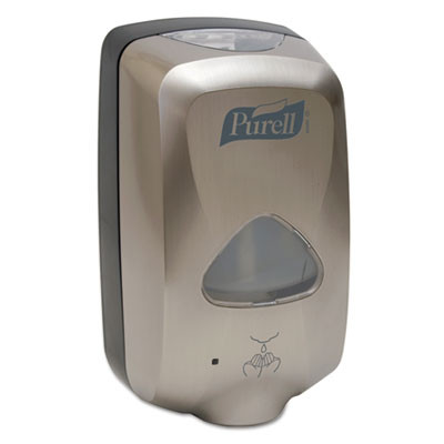 PURELL TFX auto hand sanitizer dispenser, Brushed Metallic, wall mounted.
